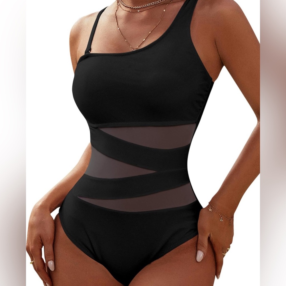 Blooming Jelly Women's One Shoulder  Slimming Mesh Swimwear, NWT, Large